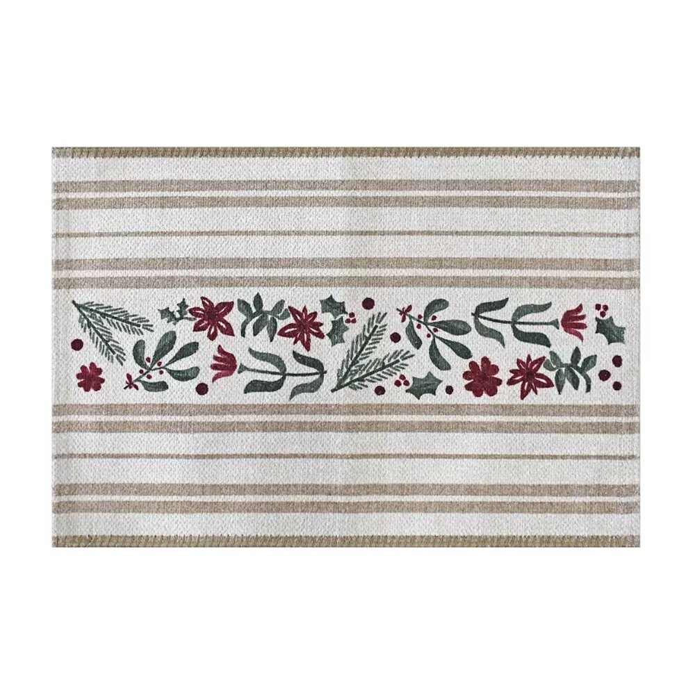 St. Nicholas Square Holiday Botanical Stripe Washable Throw Rug, Tan, 20" x 30"